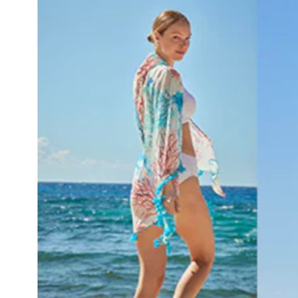 WHBM LARGE JELLYFISH CORAL PRINT CONVERTIBLE PAREO SARONG - Picture 5 of 6